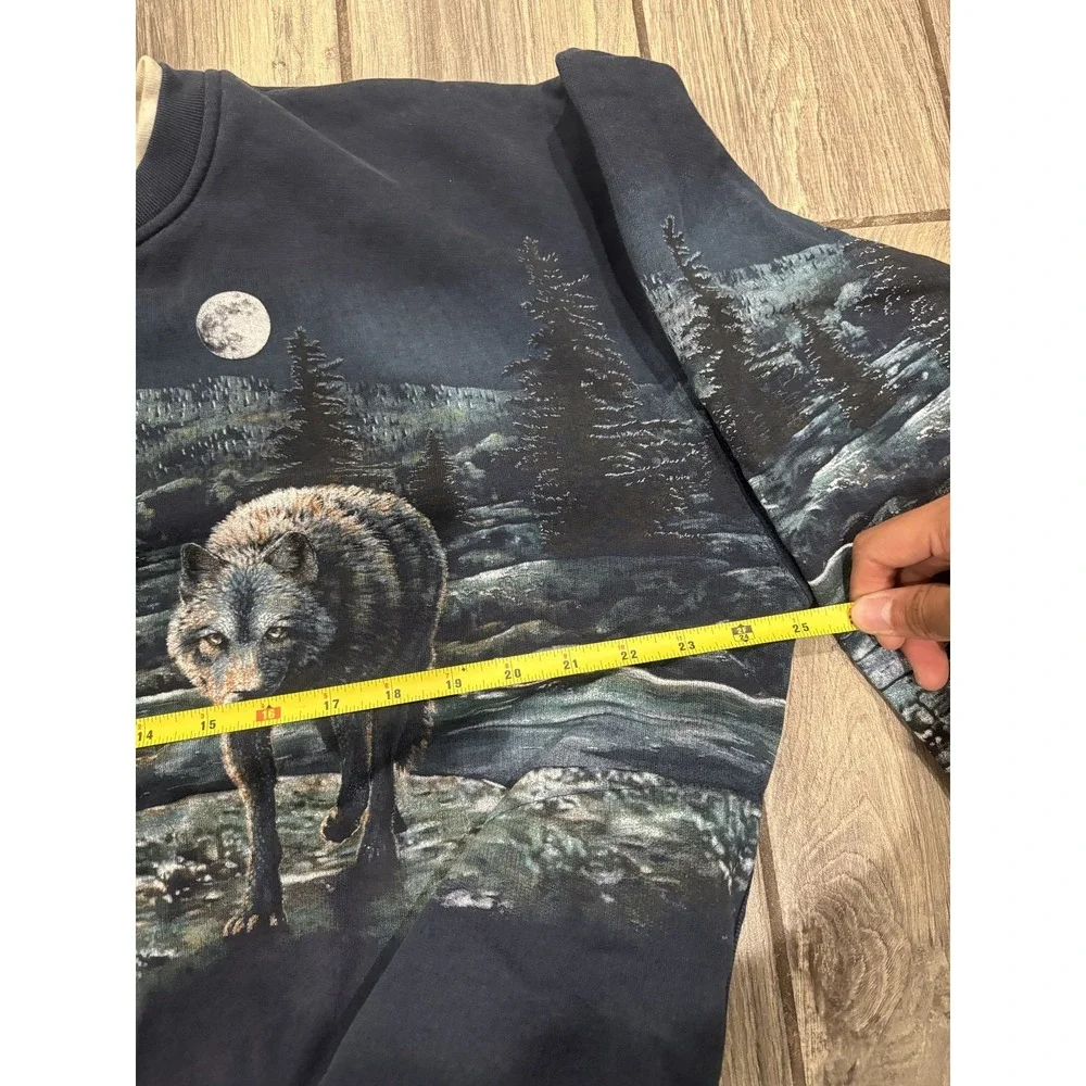 Vintage Men's Wolf Pack Moon Forest Graphic Sweatshirt Navy Blue Crew Neck XL